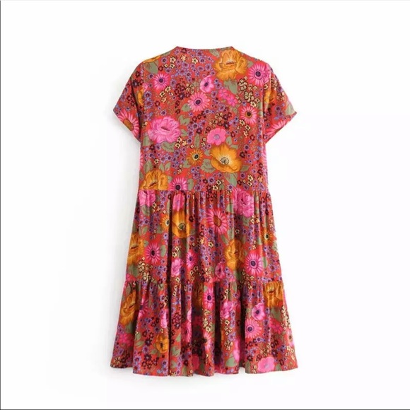 Tiered V Neck Boho Floral Gypsy Print Dress Red - Picture 5 of 10